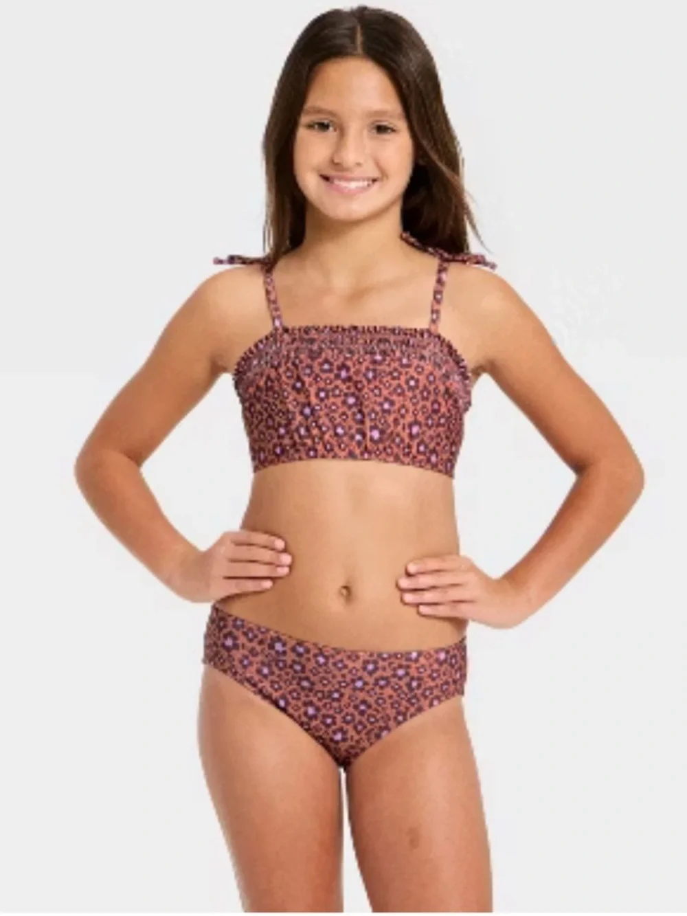 NWT- 8 Girls Quick dry whimsical pattern Floral Print Bikini - Rust and Purple
